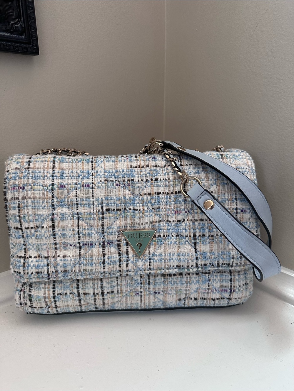 GUESS Light Blue Quilted Tweed Shoulder Bag with Chain Strap